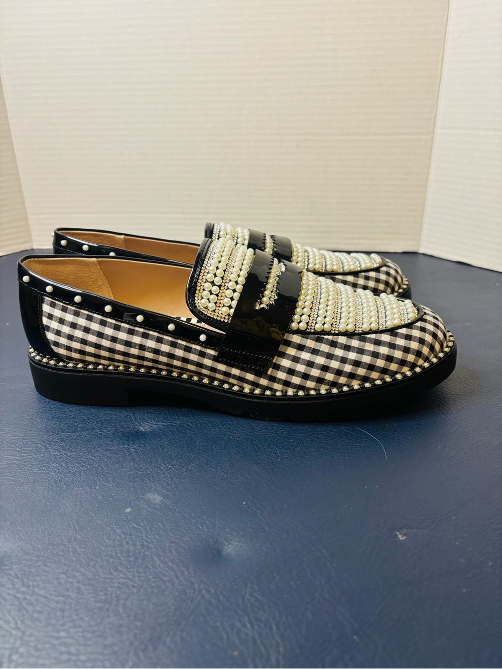 Betsey Johnson Darian Black & White Gingham Pearl-Embellished Loafer women’s 9.5